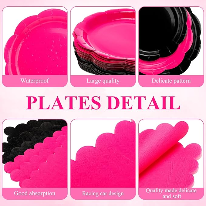 Pickmesh 400 Pcs Hot Pink and Black Birthday Party Supplies Include Hot Pink Disposable Paper Plates Napkins Cups Cutlery for Women Black Bridal Shower Bachelorette Party Decorations Serve 50