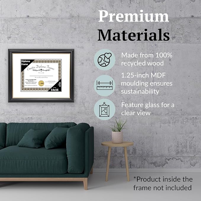 Creative Picture Frames 14" x 16" Rockefeller Black with Gold Rim Diploma Frame, Displays 14" x 16" Certificate or 16" x 20" Document without Mat, College Degree Frame, Full-Strength Glass, White Mat