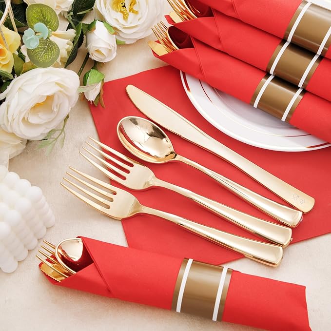 Nervure 400PCS Pre Rolled Gold Plastic Silverware Sets - Heavy Duty Gold Cutlery - Include 100 Pack Wrapped Disposable Utensils with Red Napkins for Christmas & Party & Wedding