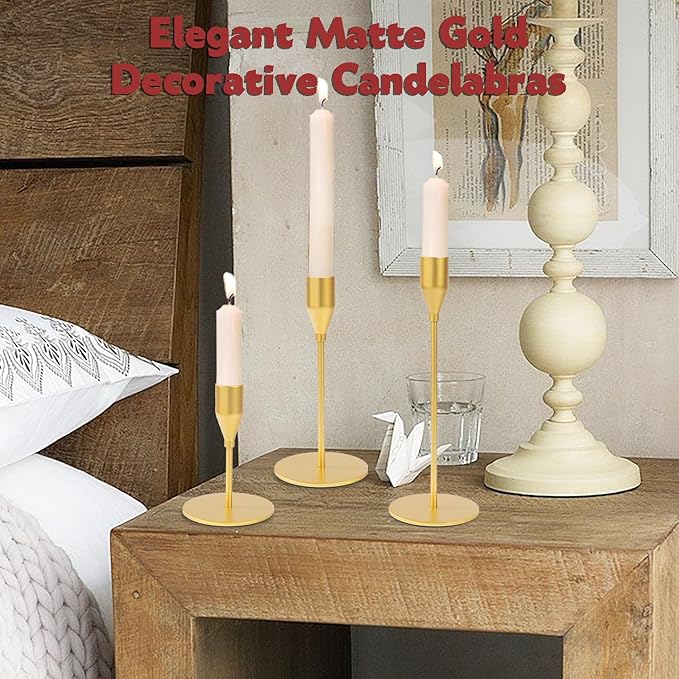 Matte Gold Candle Holders Bulk Painted Gold Metal Candlesticks Fit 0.8 Inch Taper Candles Decorative Metal Candelabra for Wedding Home Holiday Anniversary Party Dinning Table Decors (Set of 24)