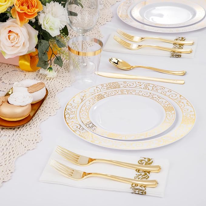 LIYH 700 Pcs Gold Plastic Dinnerware Set for 100 Guests - Plastic Plates for Party Includes Disposable Plates, Cups, Wedding Napkins and Disposable Cutlery Elegant White & Gold Design for Wedding