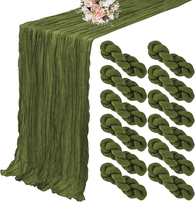 12 Pack Cheesecloth Table Runner 20 x 120 inch Cheese Cloth Table Runner Bulk,Romantic Boho Sheer Gauze Fabric Table Runners for Wedding Reception,Party,Bridal Shower Table Decor(Olive Green)