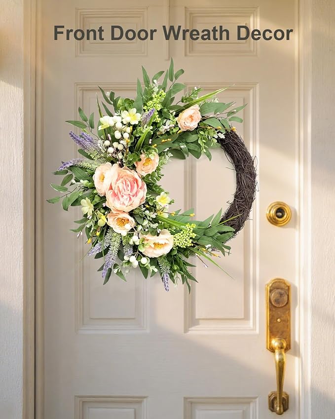 24 Inch Spring Wreath for Front Door, Grapevine Half Greenery Wreaths with Pink Peony Lavender Flowers & Eucalyptus Olive Leaves for Farmhouse Decor Porch Wall Indoor Outdoor Decoration