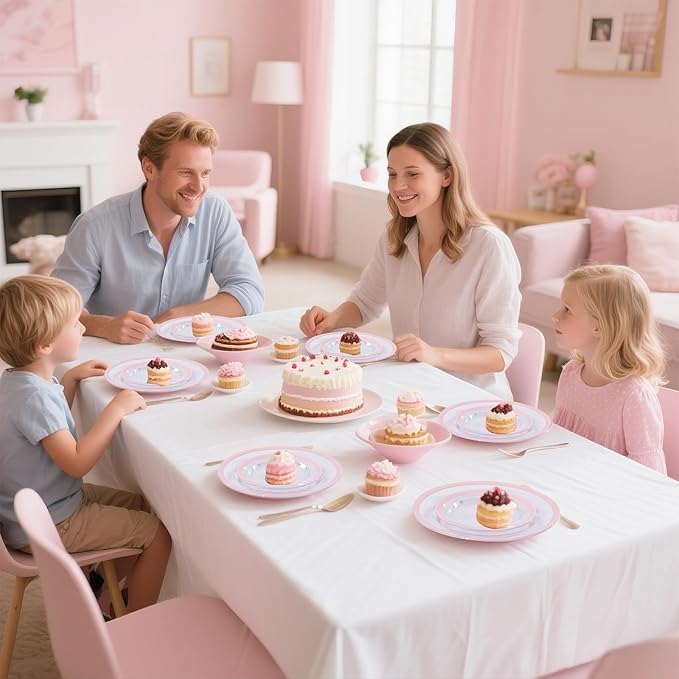 I00000 350 Pcs Clear Pink Plates for 50 Guests, Pink Dinnerware Include 100 Plates, 50 Cups, 50 Pre Rolled Napkins with Cutlery Set for Party and Wedding