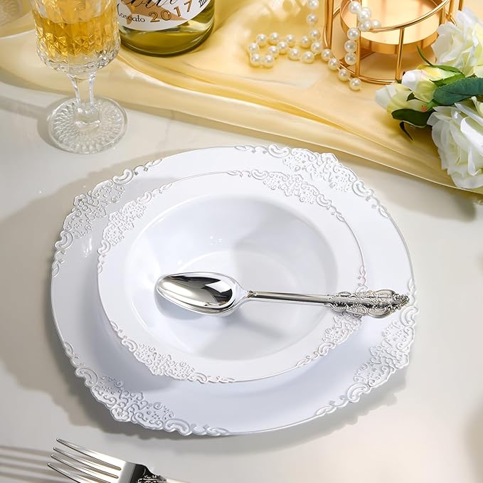 100 Pack White Plastic Bowls with Silver Relief Rim, 12oz Plastic Salad Bowl, Disposable Bowls for Party, Dinners, Weddings, Christmas, Thanksgiving, Valentine's Day