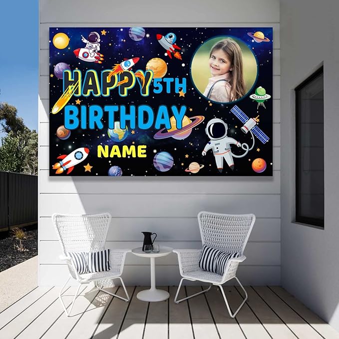 Custom Space Galaxy Astronaut Happy Birthday Party Decorations Supplies Personalized Outer Space Galaxy Astronaut Planet Birthday Backdrop Banner(6x9ft)