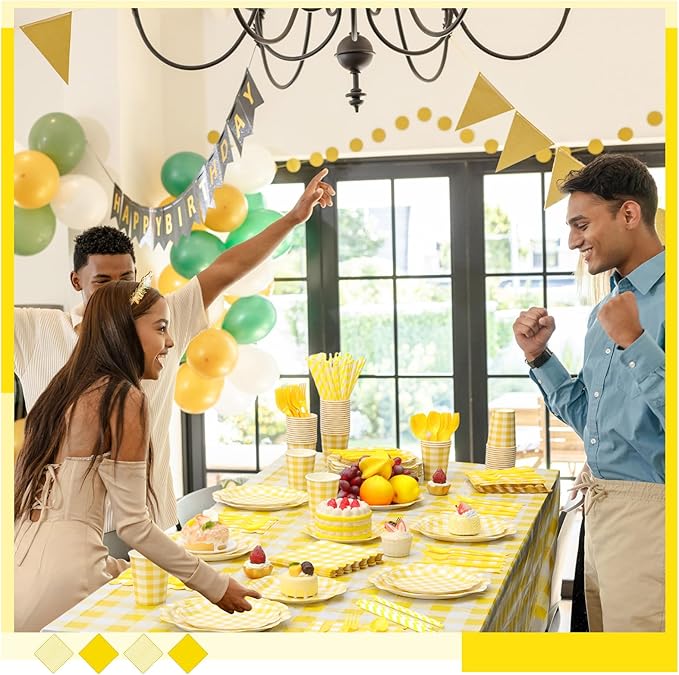 452 Pcs Yellow Gingham Party Supplies for 50, Yellow and White Gingham Checkered Paper Plates Napkins Cups Tablecloth Cutlery Straws for Birthday Family Picnic Barbecue Party Decoration