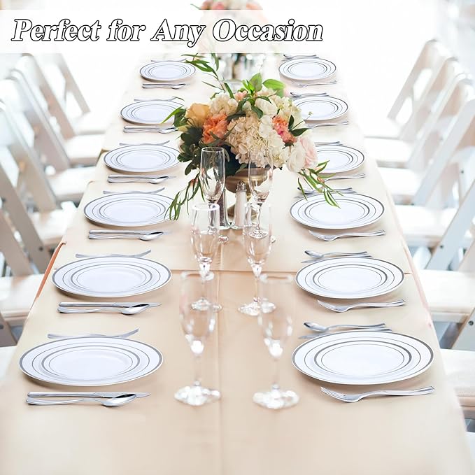 BESTSTAR 100PCS Silver Plastic Plates Set, 50 10.25 inch Dinner Plate and 50 7.5 inch Dessert Plates, Premium Disposable Plates for Party, Wedding