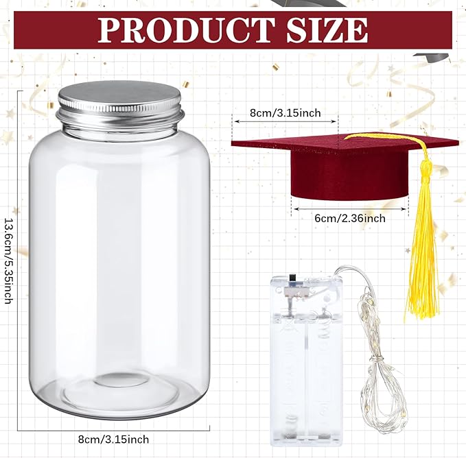 Boao 16 Sets Graduation Table Decoration Set with LED Light up Graduation Decorations for Class of 2026, Grad Jar, Felt Grad Hat and Stickers for High School College(Dark Red)