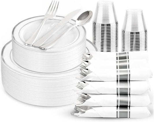 175PCS Sliver Plastic Plates - Silver Plates Disposable - White Plate with Silver Trim 25Guests Plastic Dinnerware Sets with Rolled Napkins for Wedding/Birthday/Valentine's Day