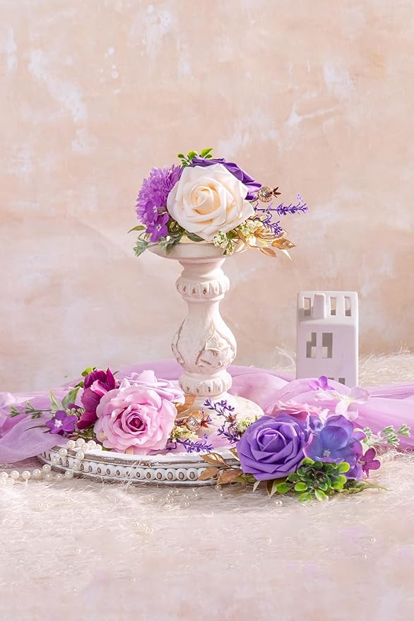 TINGE TIME 3Pcs Pre-made Cake Toppers, Silk Artificial Flowers Decor, Cake Decorations for Weddings, Birthdays, Party,Baby Shower,Celebration (Purple)