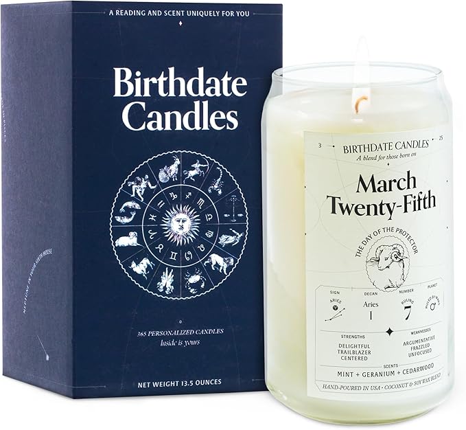 Birthdate Candles, March 25 - Aries Zodiac Scented Candles Birthday Gift - Mint, Geranium & Cedarwood Scent - All-Natural Soy & Coconut Wax, 60-80 Hour Burn Time - Made in USA