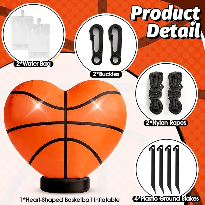 Eyourlife 4 FT Valentine Basketball Inflatable Decoration,Giant Heart Basketball Blow-Up with Built-in 1Blower 2LED for Basketball Court Yard Indoor/Outdoor Coach Player Couple Valentine Decor