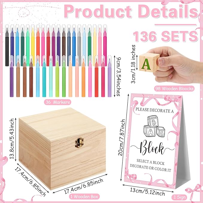 Marsui 136 Pcs Baby Shower Blocks to Decorate Game Kit Includes 98 Wooden Blocks, 36 Markers, 1 Game Sign, 1 Storage Box for Baby Shower Gender Reveal Activity Party Decorations(Pink Bow)