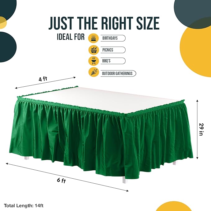 Exquisite Ruffle Table Skirt Emerald Green 48 Pack 14 Ft Long Table Skirts for Rectangle Tables 6ft Plus or Round Tables Skirts with Adhesive Strip for Gender Reveal Decor & Happy Birthday Parties