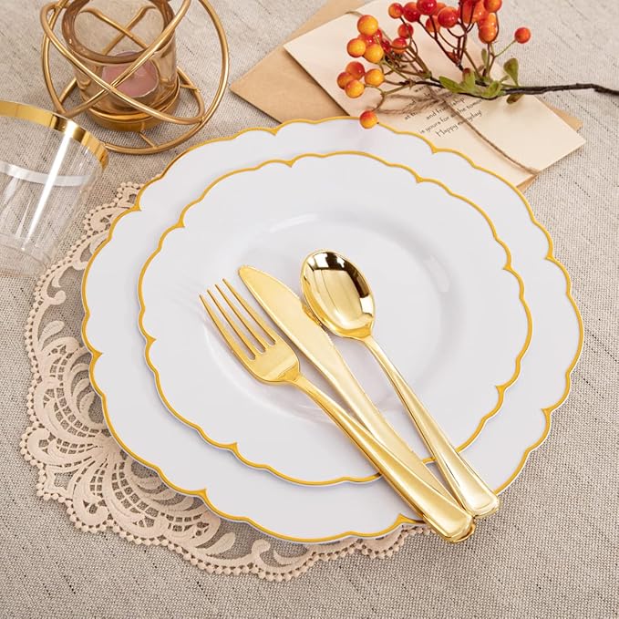 Morejoy 175PCS Gold Plastic Plates，White Gold Disposable Plates with Pre Rolled Napkins:25 Dinner Plates,25 Dessert Plates,25 Spoons,25 Forks,25Knives,25Cups,25Napkins for Party & Christmas