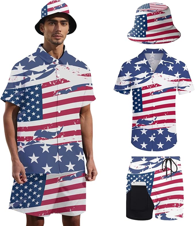 Men's Hawaiian Shirt and Shorts Set 2 Piece Beach Outfits with Bucket Hats for Beach Days and Summer Vibes