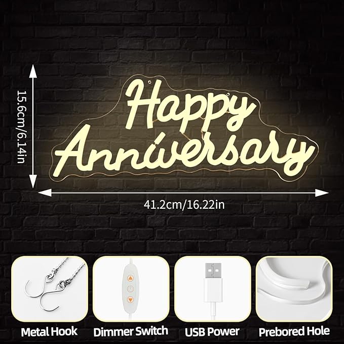 Happy Anniversary Neon Sign Dimmable Wedding Anniversary Decorations Led Sign Backdrop Feliz Aniversario Light Up Sign for Party Decor Gift for Couple(16.2"x6.14")