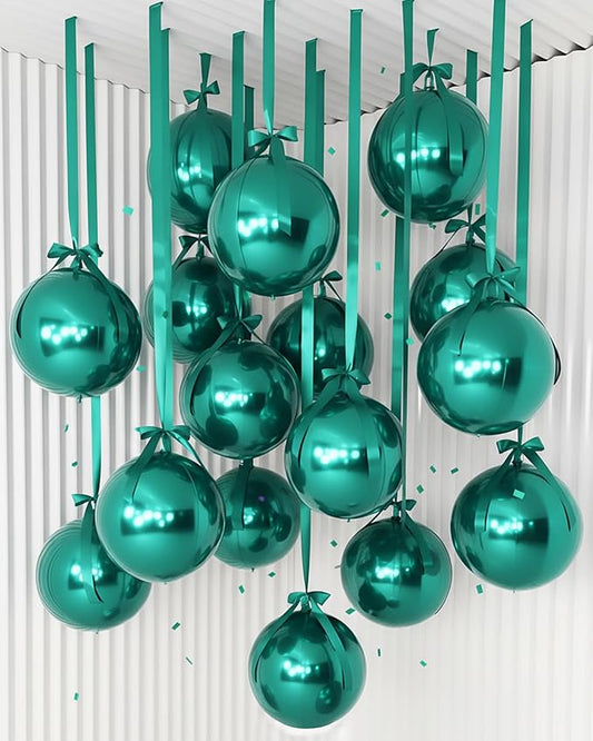 Jenaai 30 Set Round Foil Balloons Bulk 22 Inch 4d Metallic Giant Balloons Set with Satin Bows Ribbon for Ceiling Holiday Ornaments New Year Birthday Wedding Party Decoration(Green)