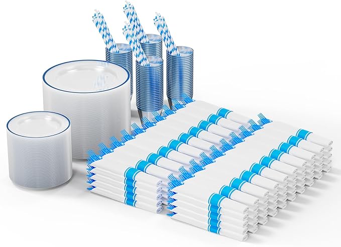 ROVSUN 800 Piece Blue Disposable Dinnerware Set for 100 Guests, Clear Plastic Plates for Party, 100 Pre-Rolled Napkins,Silverware,Dinner & Dessert Plates,Cups,Straws for Wedding Birthday Event
