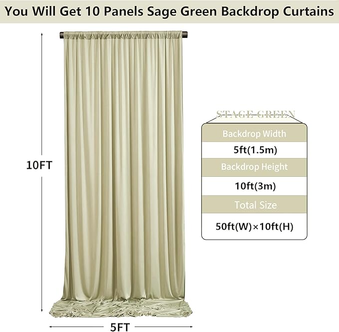 50ft x 10ft Wrinkle Free Sage Green Backdrop Curtains for Parties Weddings, 10 Panels 5×10ft Soft Silk Polyester Photo Backdrop Drapes for Birthday Baby Shower Photo Photography Background Cloth