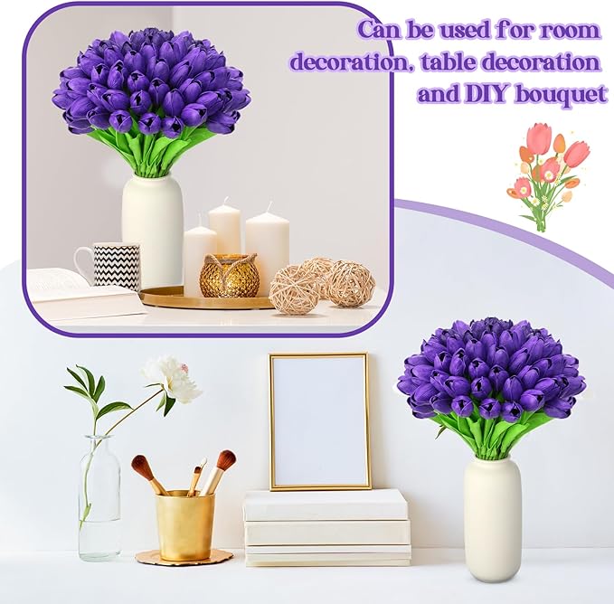 Jexine 100 Pcs Artificial Real Touch Tulips Fake Artificial Tulip Flower Bulk Bouquet with Stem for Table Centerpieces Wedding Bridal Easter Mother's Day Garden Home Decor, 13.4''(Purple)