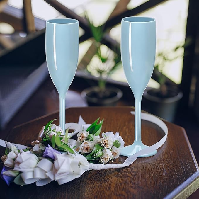 XUWAIDSGN Acrylic Champagne Flutes Toasting Glasses Unbreakable Mimosa Bar Reusable Wine Glasses Vintage Champagne Flutes Stemmed Drinking Cups 5.4 OZ for Christmas Birthday (24, Blue)