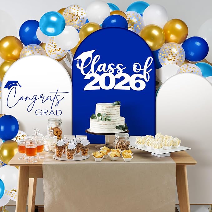 34 Pieces Graduation Decorations 2026 Set Arch Backdrop Cover Set of 3 (4/5/6ft) Blue and White Spandex Arch Backdrop Cover Golden Balloons for Graduation Season Class of 2026 Party Decor