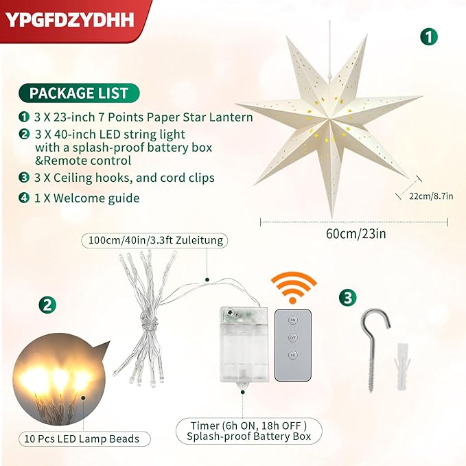 3 Pack 23" Paper Star Lantern with LED Lights, 7-Point Hanging Star Light for Christmas Advent Wedding Birthday–Classic White 3D Paper Lantern with Remote for Indoor Outdoor Decor