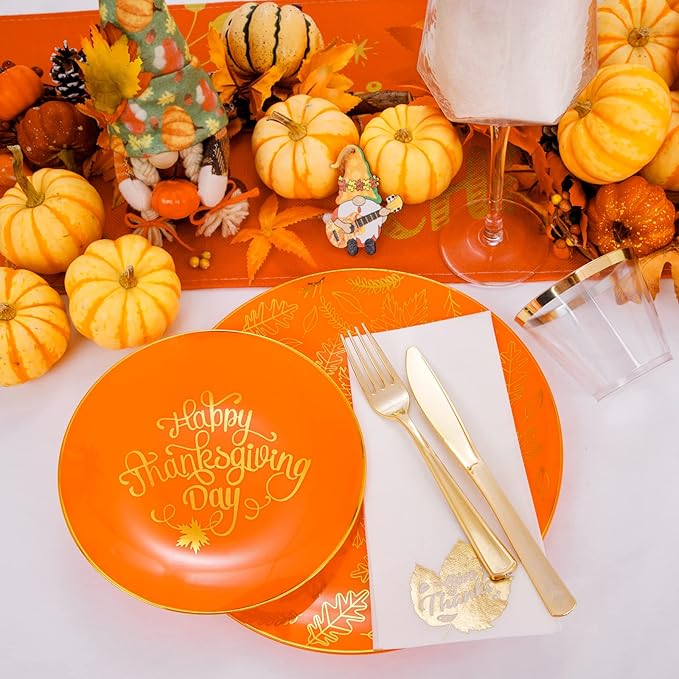 Nervure 175PCS Thanksgiving Plates - Orange and Gold Disposable Plates Include 25Dinner Plate, 25Dessert Plate, 25Cups, 25Knives, 25Forks, 25Spoons, 25 Fall Napkins for Thanksgiving Day