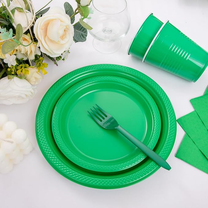MirthMood 350pcs Green Plastic Plates, green Plates Set, Including Green Disposable Plates and Napkins, Plastic Cutlery and 12OZ Cups, Serve 50 Guests for Party & Wedding