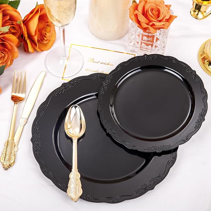 DaYammi 150Pcs Black Plastic Plates & Gold Plastic Silverware,Black Disposable Plates Set Include 30 Dinner Plate, 30 Dessert Plate,30 Golden Knives,30 Gold Forks,30 Golden Spoons for Party Wedding