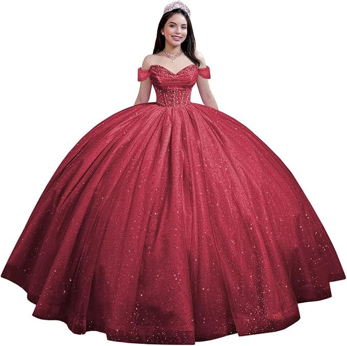 Youjiayi Glitter Tulle Quinceanera Dresses with Train Off Shoulder Beaded Sweet 16 Dresses Pleated Long Ball Gown for Women