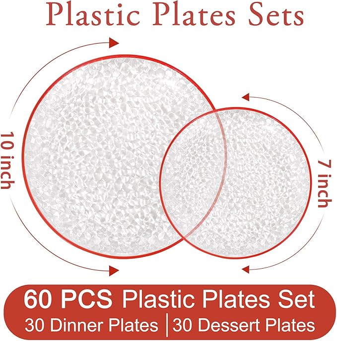 Rubtlamp 60Pcs Red Plastic Plates, Clear Plastic Plates With Red Rim, Heavy Duty Disposable Plates for Party, Fancy Hammered Plates Include 30 Red Dinner Plates 30 Clear Cake Plates