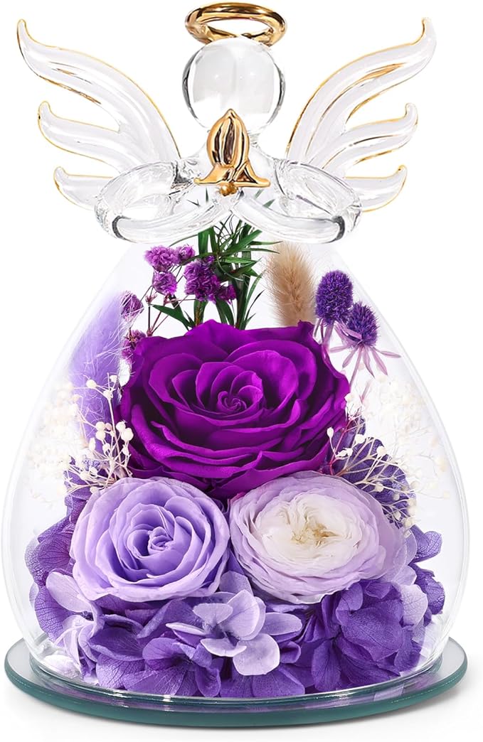 Gifts for Women, Valentines Day Decorations Flowers for Delivery Fresh Bouquet Forever Preserved Flowers Real Rose Angel Figurine Glass, Xmas Decor Gifts for Mom Grandma Wife Sister, Purple