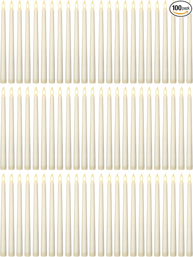Retisee 100 Pcs 11 Inch Flameless Taper Candles LED Candles Bulk Battery Operated Taper Candle Flickering LED Candlesticks for Valentines Birthday Wedding Party Decor (Classic Style,Ivory)