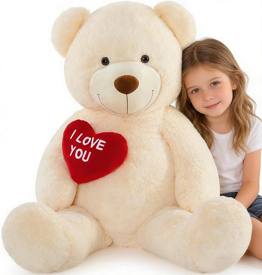 Big Teddy Bears, Giant White Teddy Bear Stuffed Animals with Embroidered I Love You for Girlfriend, Red Heart Fluffy Teddy Bear Birthday Gifts 36 inches