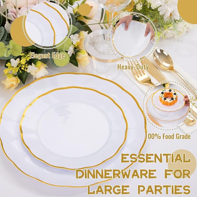 LIYH 700 Pcs Gold Plastic Dinnerware Set for 100 Guests - Plastic Wavy Plates for Party Includes Disposable Plates, Cups, Napkins and Disposable Gold Sliverware for Wedding Birthday