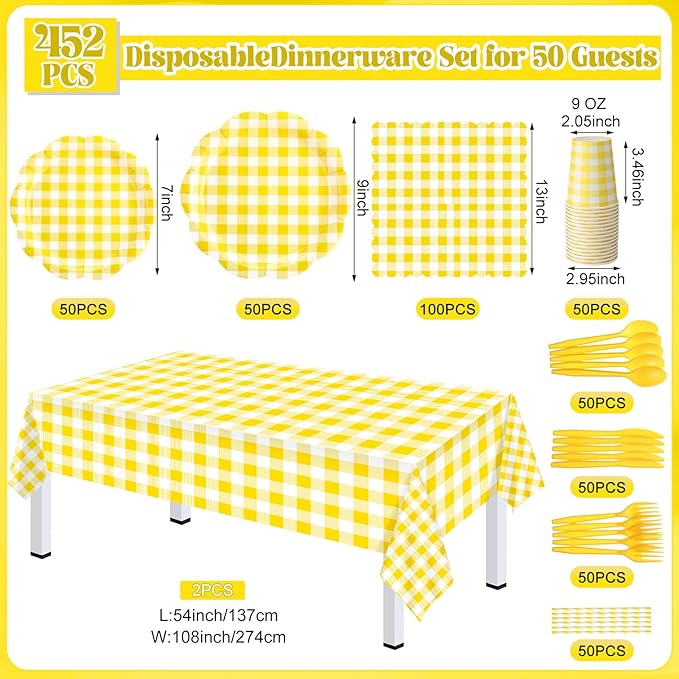 452 Pcs Yellow Gingham Party Supplies for 50, Yellow and White Gingham Checkered Paper Plates Napkins Cups Tablecloth Cutlery Straws for Birthday Family Picnic Barbecue Party Decoration