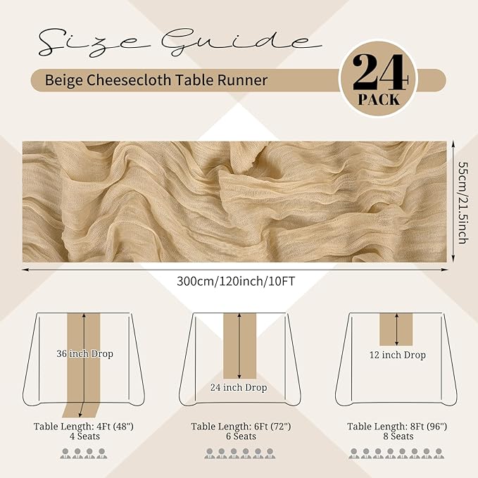 24 Pack Beige Cheesecloth Table Runner 120 inch Fall Thanksgiving Boho Rustic Gauze Farmhouse 10FT Cheese Cloth Runner for Baby Shower Wedding Party Holiday Home Decor