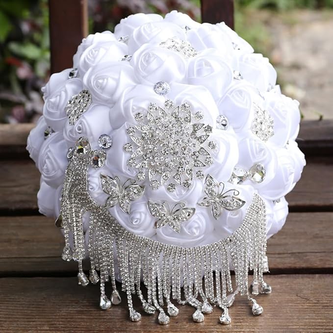 White Bridal Wedding Bouquet Luxury Silver Rhinestones Brooch Bouquet for Bride Bridesmaid Quinceanera Artificial Satin Rose Flower Bouquet Wedding White 9.5in