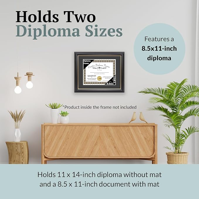 Creative Picture Frames 8.5" x 11" Rockefeller Black w/Gold Rim Diploma Frame, Displays 8.5" x 11" Certificate or 11" x 14" Document w/o Mat, College Degree Frame, Full-Strength Glass, Black Mat