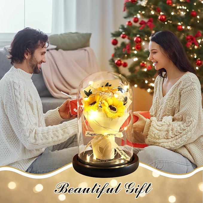 Valentines Day Gifts for Her,Flower Rose in Glass Dome with 2 Lighting Mode,Sunflower Gifts for Mom,Artificial Forever Flowers Xmas Birthday Gifts for Women Mom Wife Girlfriend Sister Friend