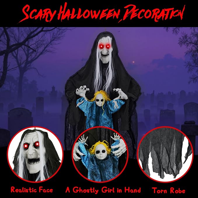 BECOMFORT 6.1 FT Hanging Animatronic Halloween Decoration, Sound-Activated Hanging Witch with Spooky Sounds, Glowing Eyes & Bending Arms, Animated Halloween Props for Indoor & Outdoor