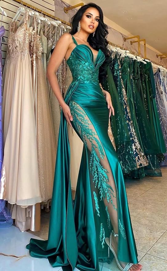 V Neck Satin Prom Dresses Long Mermaid Lace Evening Gown with Slit Pleated Bodycon Formal Dress with Tail
