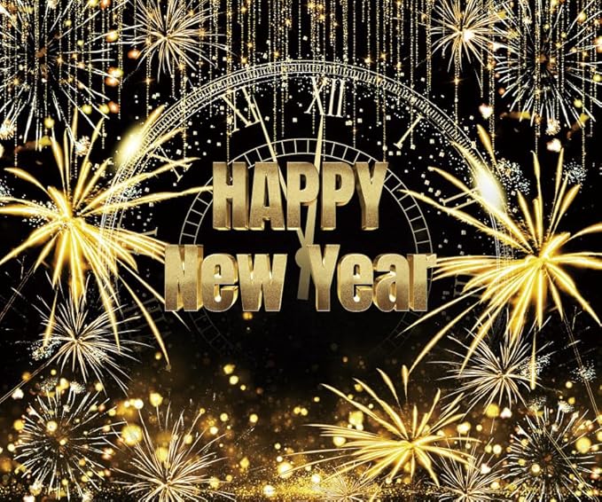 New Year Backdrop 10x8ft Black and Gold Firework Shining Gold Background Happy 2026 New Year Eve Photo Backdrops for Photography NYE Party Photo Studio Props