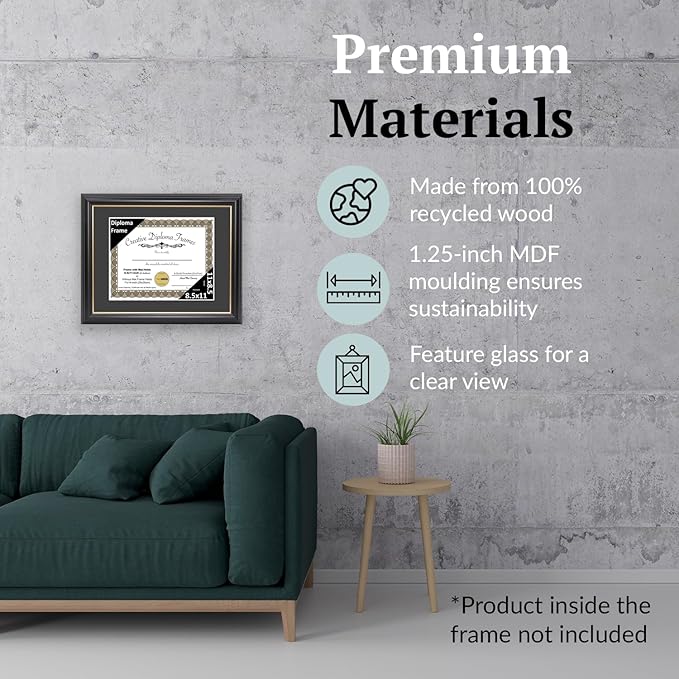 Creative Picture Frames 8.5" x 11" Rockefeller Black w/Gold Rim Diploma Frame, Displays 8.5" x 11" Certificate or 11" x 14" Document w/o Mat, College Degree Frame, Full-Strength Glass, Black Mat