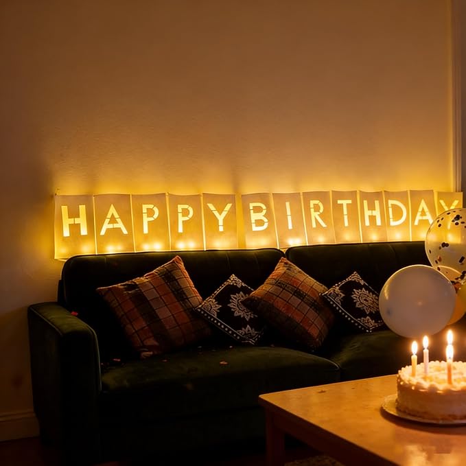 Happy Birthday Decorations for Women Men Girls Light Up Sign Luminary Bags Letters with 2000PC Rose Petals and Candles kit, Happy Birthday Banner for Room Party Decorations, Surprise Gifts Banner