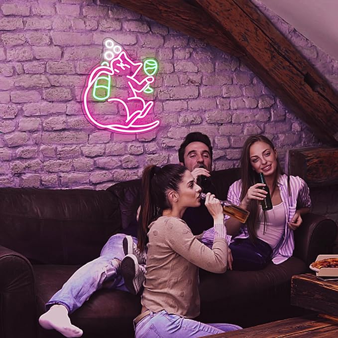 NOSUN Cat Beer Neon Sign Funny Bar Neon Signs for Wall Decor with Dimmable Cat Beer Led Sign Pink Animal Bar Light Up Signs for Bedroom Men Cave Home Birthday Party Home Decor
