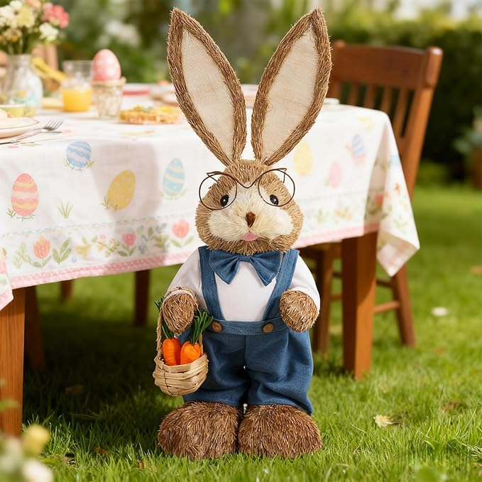 Juegoal Easter Straw Bunny Decorations, 32"(2.6FT) Extra Large Standing Mr. Bunny Figurine, Handmade Easter Rabbit Statues, Cute Photo Props Gifts for Office Kitchen Farmhouse Spring Home